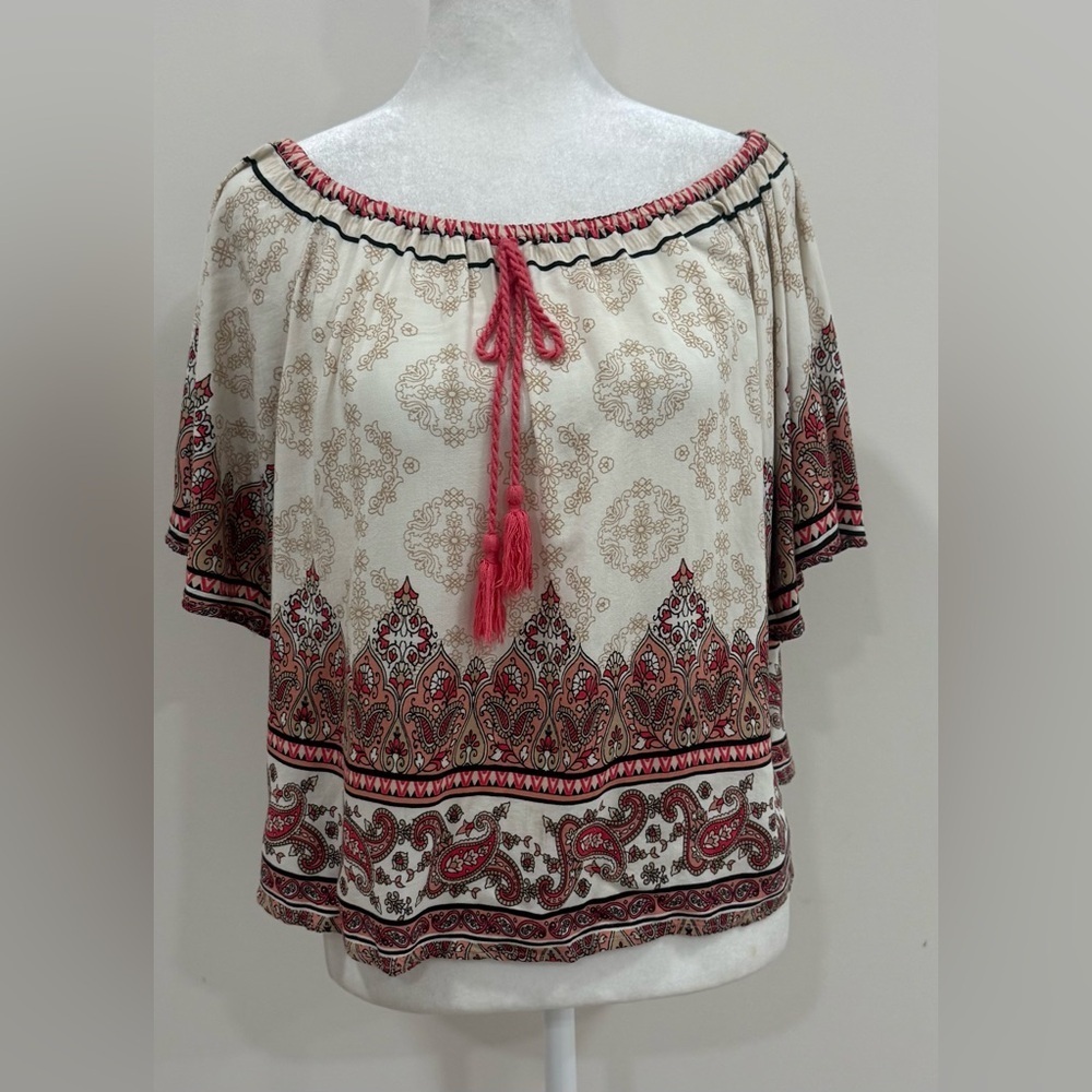 Flying Tomato Womens Boho Floral Feather Off The Shoulder Boat Neck Top, Medium